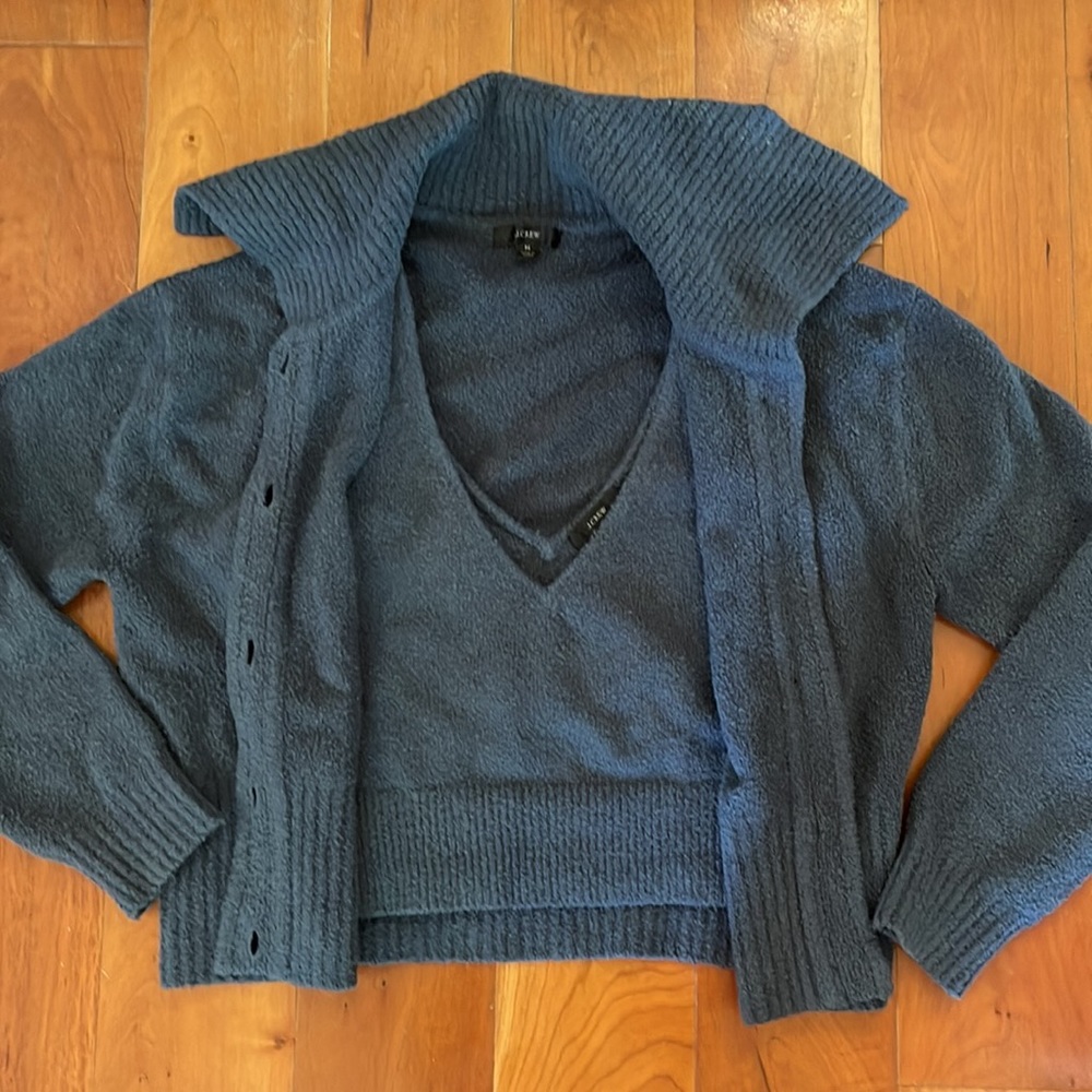 Jcrew Collared cotton-blend bouclé cardigan sweater and cropped sweater tank MED